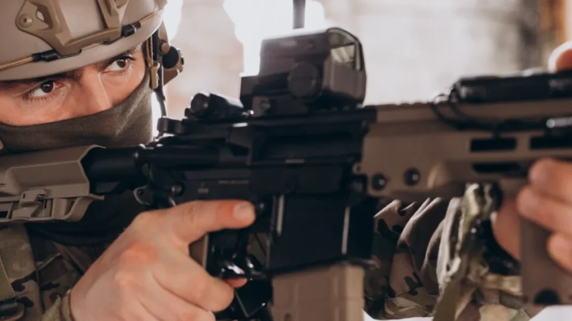 Soldier aiming rifle