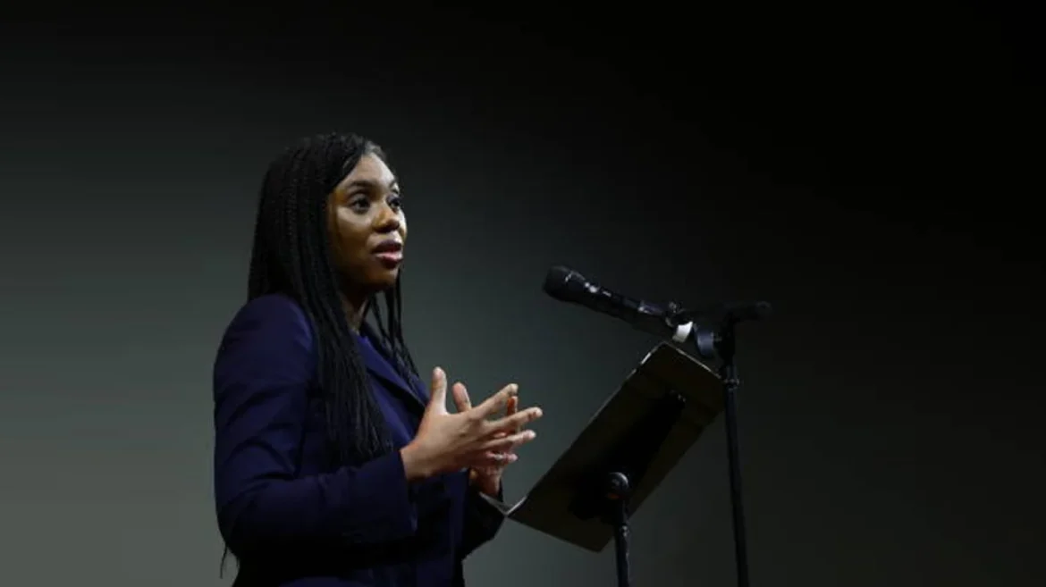 Kemi Badenoch delivering a speech on Conservative Party failures
