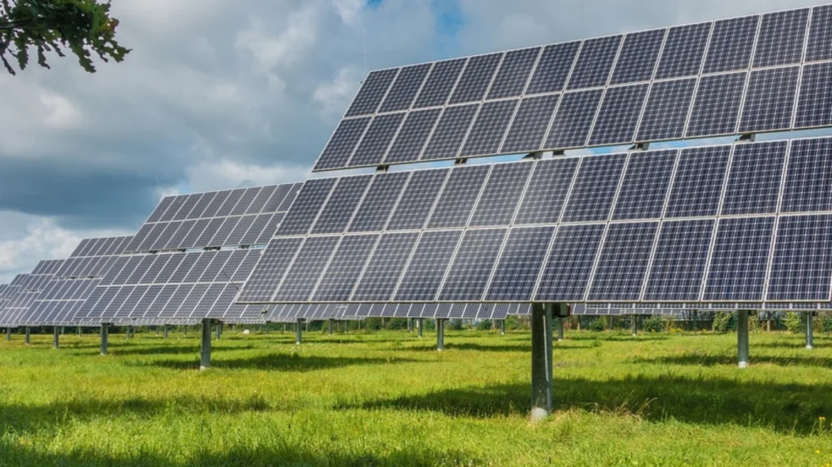 Solar panels in green field